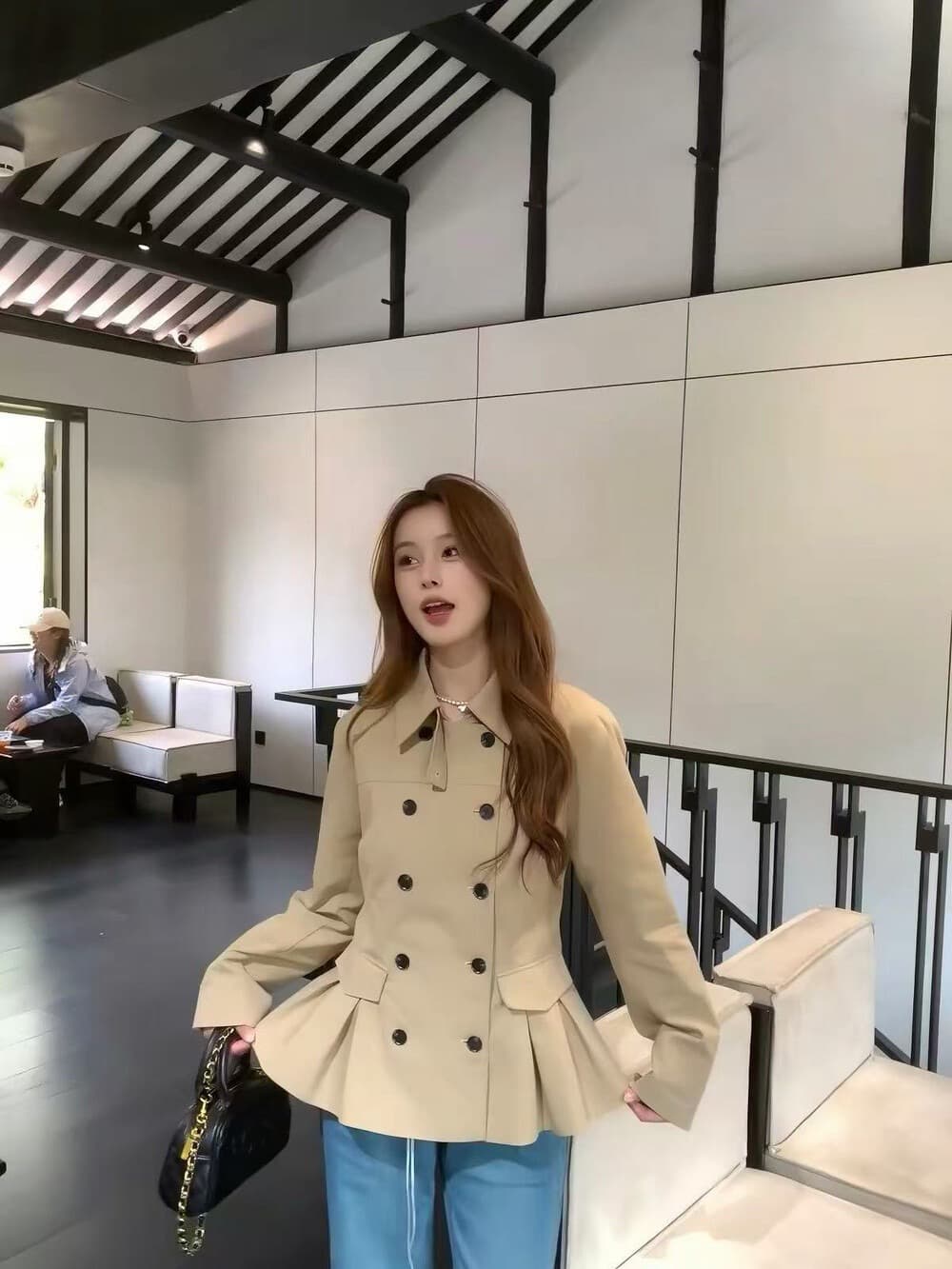가을 켜기 새로운 한 부서 품격 디자인 섹션 장기 진자 얇은 허리 클래식 무거운 작업 재킷 상세 이미지 4
