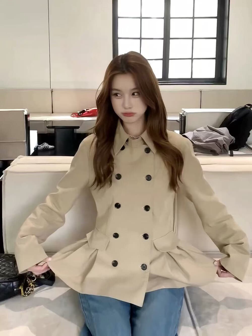 가을 켜기 새로운 한 부서 품격 디자인 섹션 장기 진자 얇은 허리 클래식 무거운 작업 재킷 이미지 3