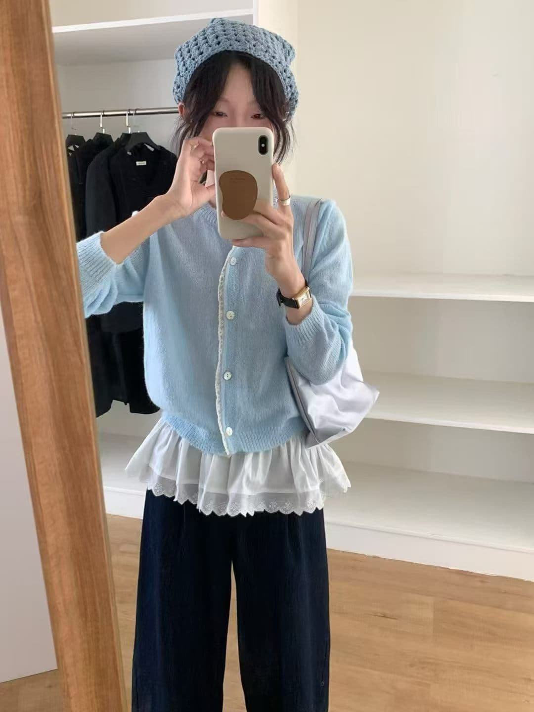 가을 켜기 새로운 한 부서 품격 신선함 레이스 측면 털 바다 털 니트 작은 셔츠 이미지 2