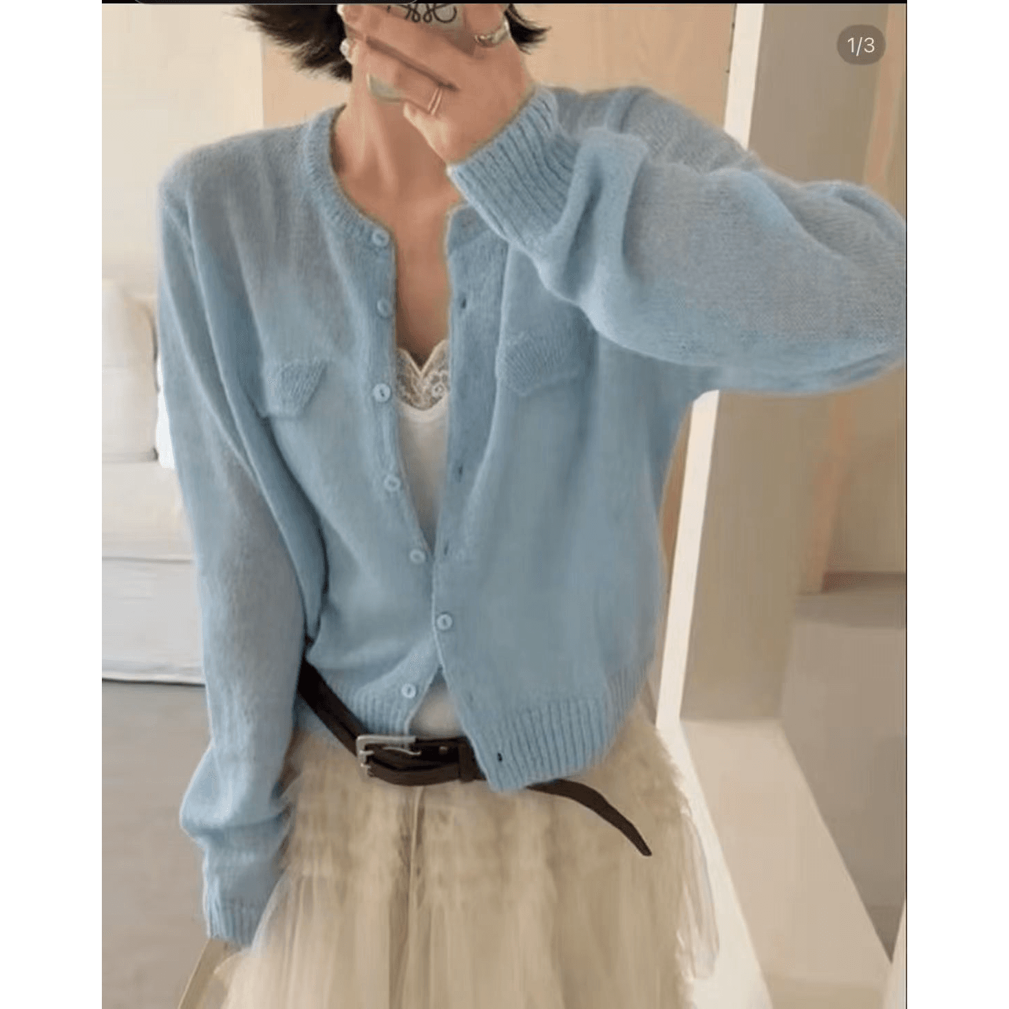 가을 켜기 새로운 한 부서 달콤한 스타일 주머니 장식 털 바다 털 긴팔 니트 오픈 가디건 여성 이미지 5