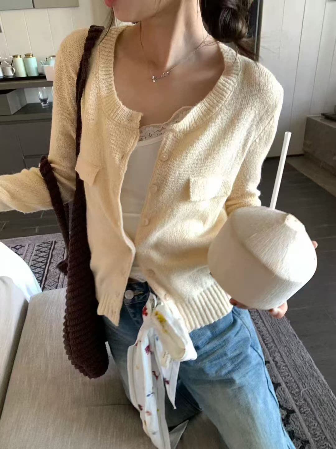 가을 켜기 새로운 한 부서 달콤한 스타일 주머니 장식 털 바다 털 긴팔 니트 오픈 가디건 여성 상세 이미지 1