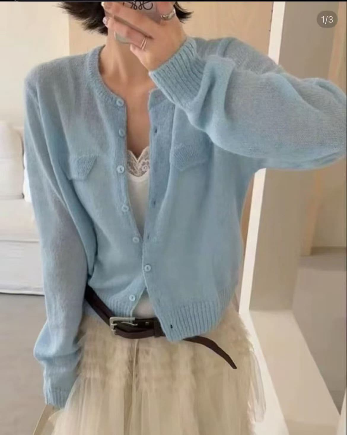 가을 켜기 새로운 한 부서 달콤한 스타일 주머니 장식 털 바다 털 긴팔 니트 오픈 가디건 여성 이미지 4