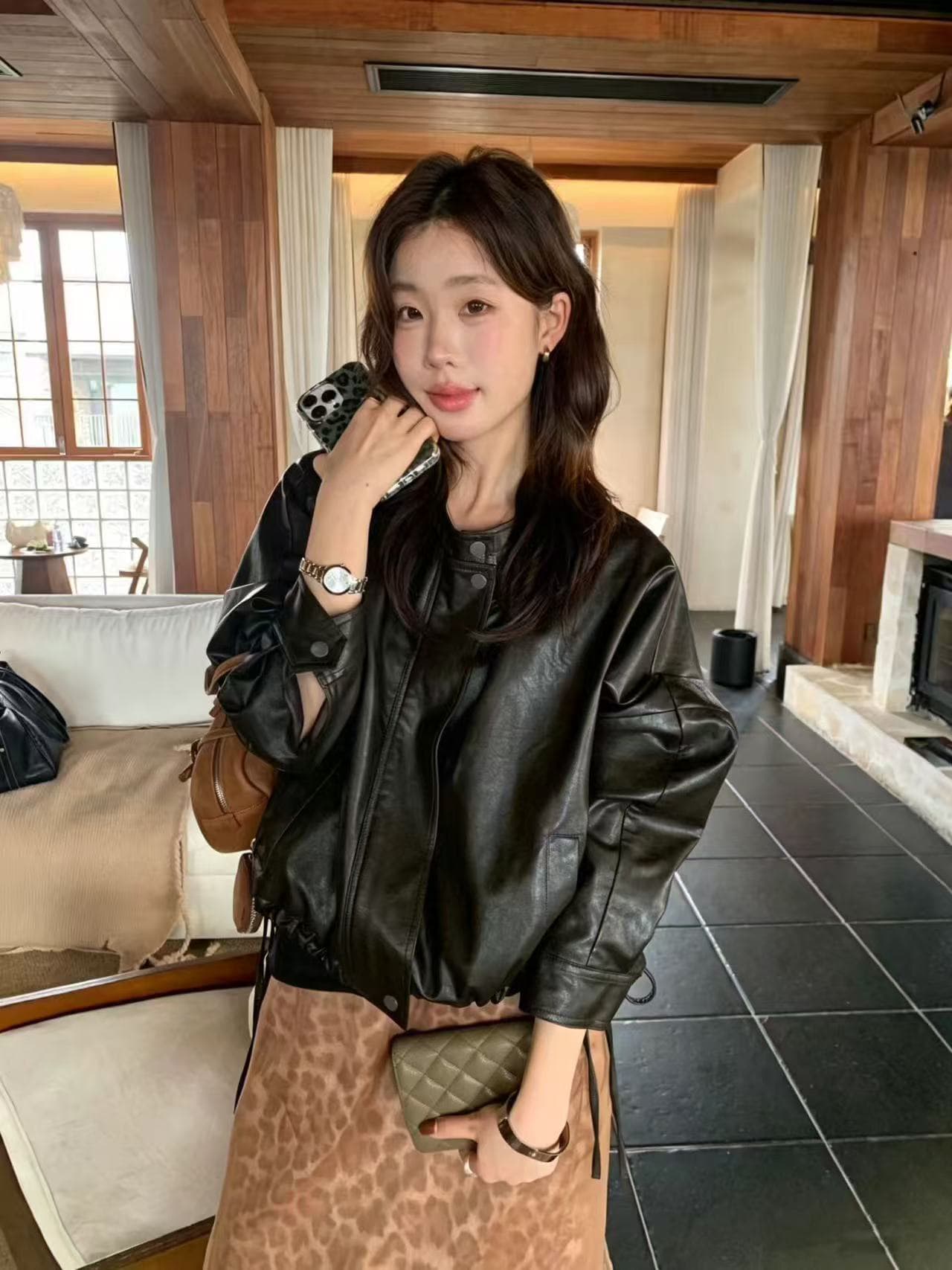가을 켜기 새로운 모델링 가죽 재킷 한 부서 레트로 밑단 펌프 로프 디자인 센스 가죽 재킷 상세 이미지 11