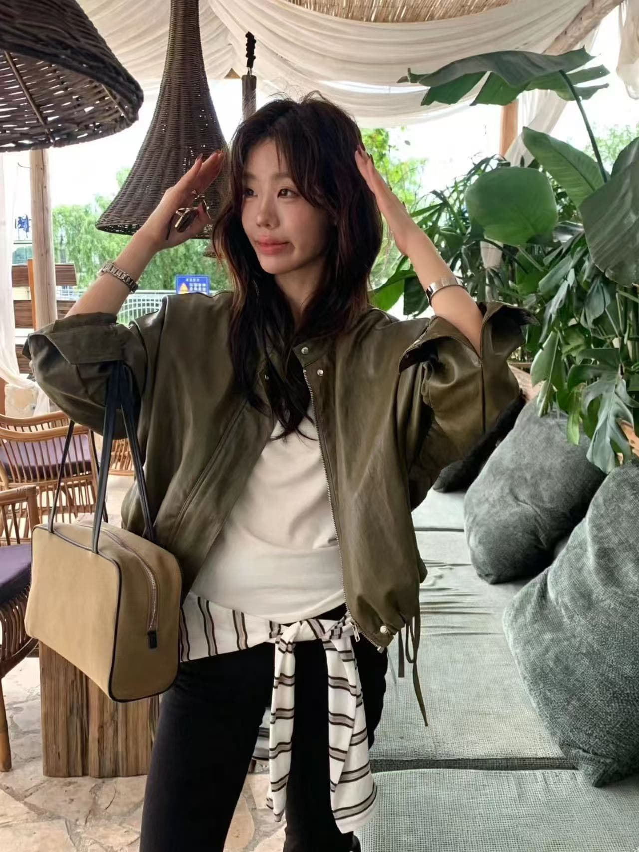 가을 켜기 새로운 모델링 가죽 재킷 한 부서 레트로 밑단 펌프 로프 디자인 센스 가죽 재킷 상세 이미지 21