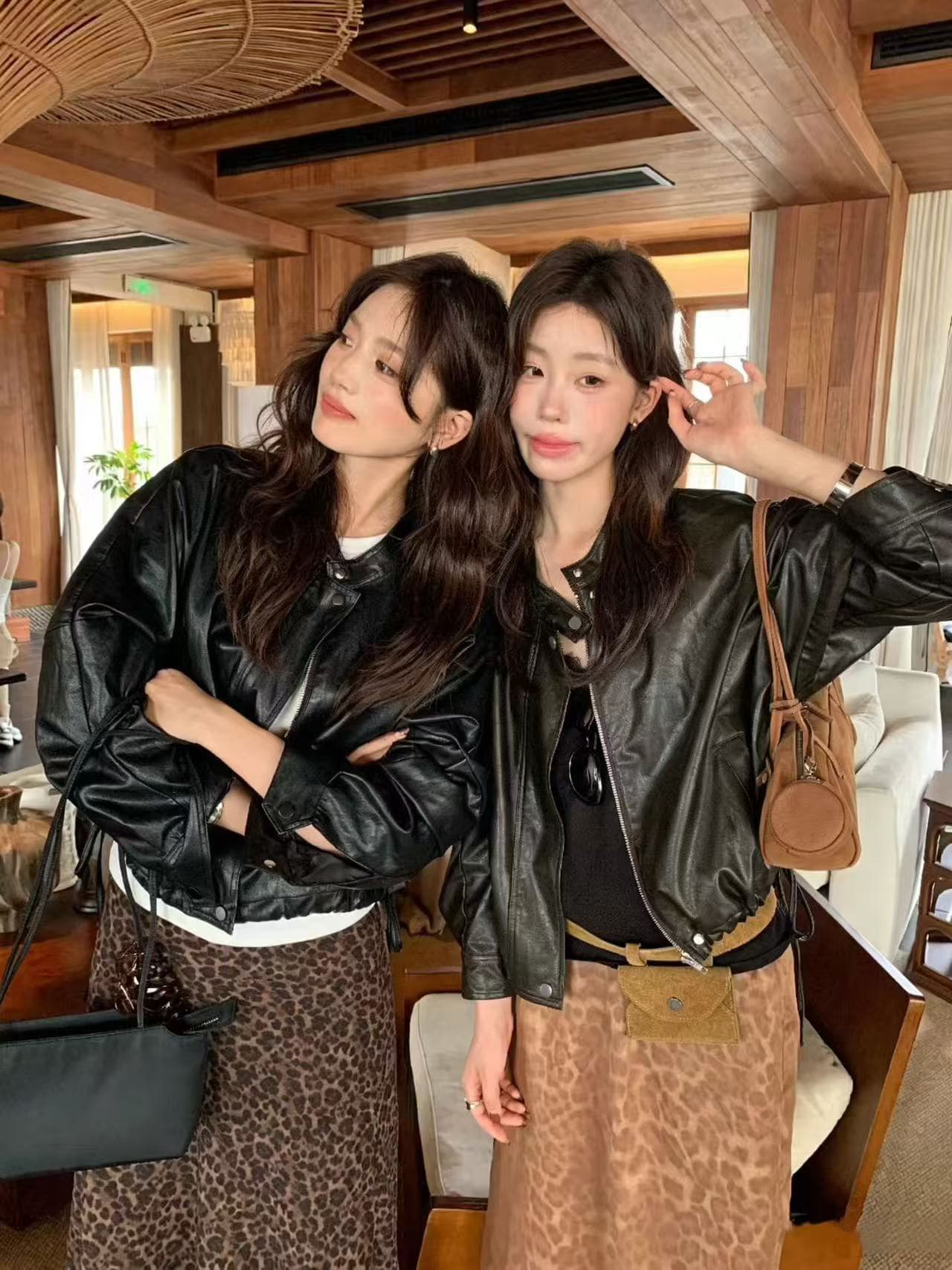 가을 켜기 새로운 모델링 가죽 재킷 한 부서 레트로 밑단 펌프 로프 디자인 센스 가죽 재킷 이미지 3