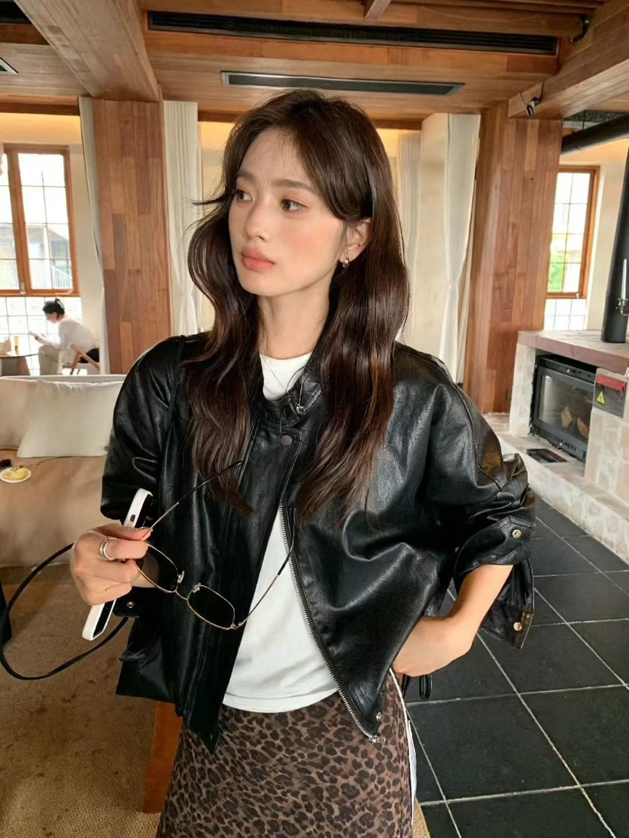 가을 켜기 새로운 모델링 가죽 재킷 한 부서 레트로 밑단 펌프 로프 디자인 센스 가죽 재킷 이미지 4