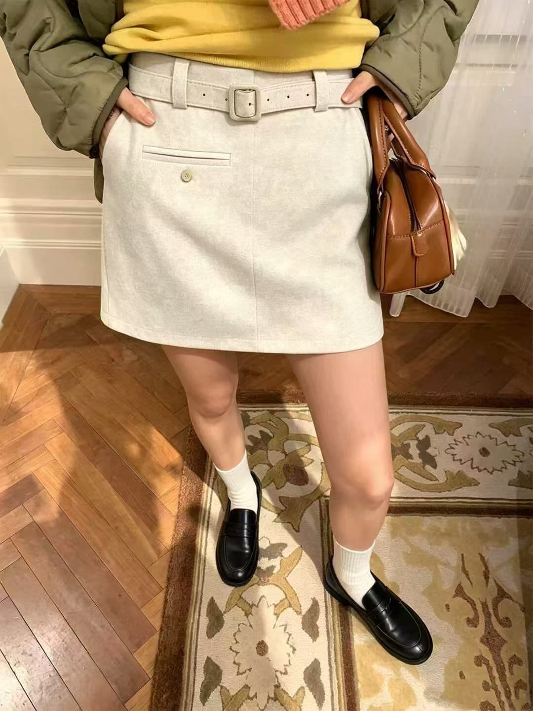 가을 켜기 새로운 있음 밖으로 한 부서 레트로 한 부서 모방 스웨이드 하이웨이스트 슬림해 보이는 한 마디 노출 방지 미니 스커트 포함 안전 바지