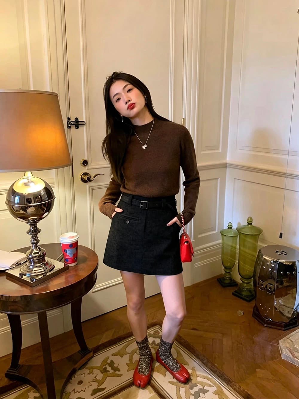 가을 켜기 새로운 있음 밖으로 한 부서 레트로 한 부서 모방 스웨이드 하이웨이스트 슬림해 보이는 한 마디 노출 방지 미니 스커트 포함 안전 바지 이미지 4