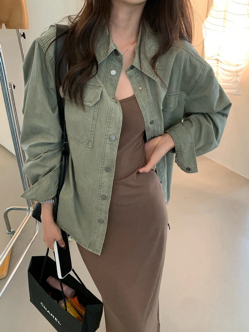 가을 켜기 새로운 파리 주말 레트로 루즈핏 폴로 칼라 워크웨어 셔츠 데님 재킷 이미지 4