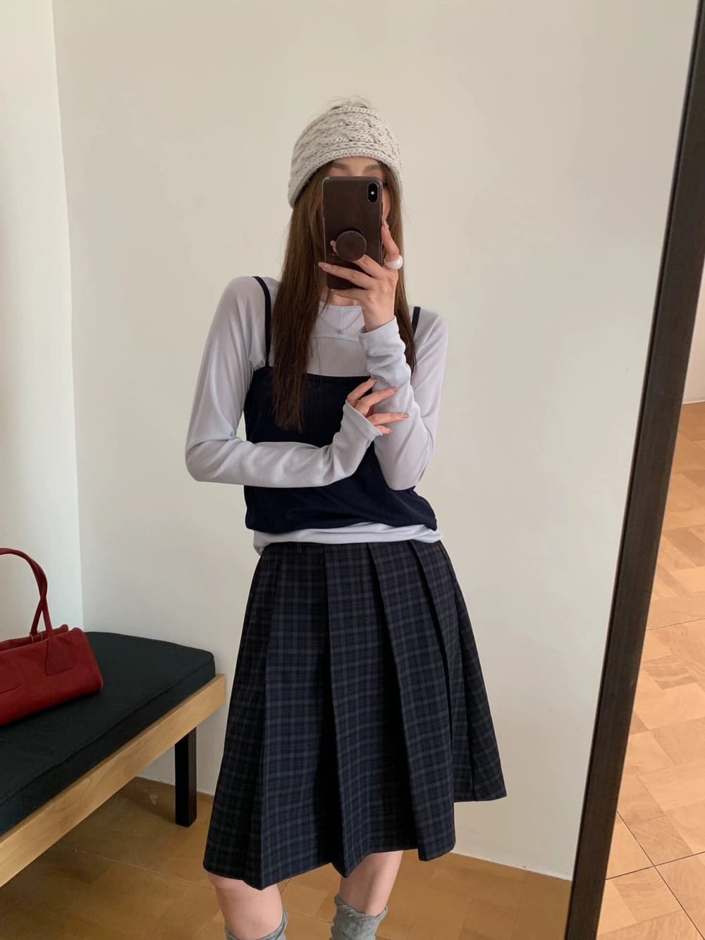 가을 켜기 새로운 한 부서 레트로 체크무늬 플리츠 제외 된 안전 바지 반신 스커트 상세 이미지 8