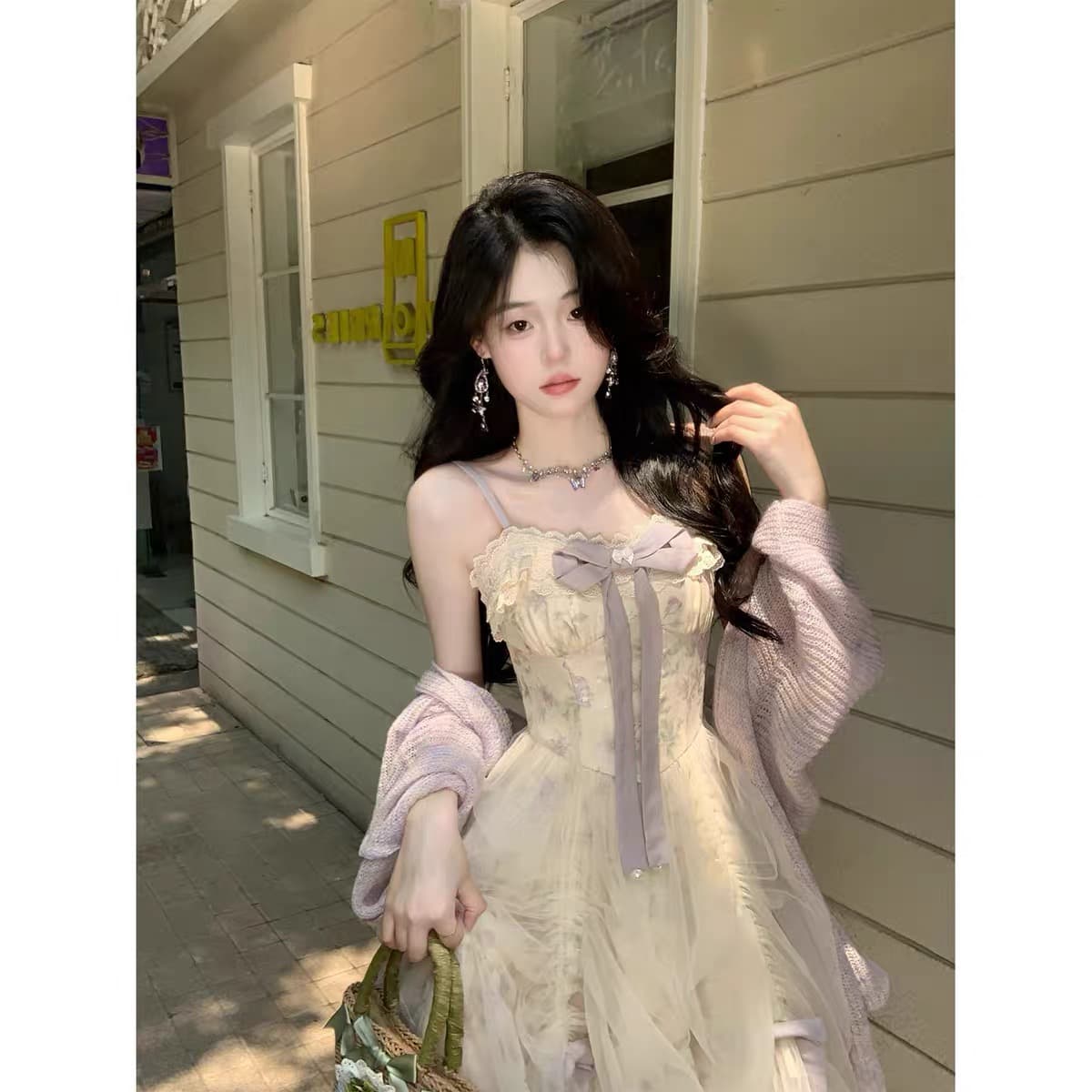 난초 떠 다니는 꿈 슈퍼 요정 절대적으로 절대적으로 보라색 부드러운 꽃무늬 펌프 Pleat 망사 슬립 드레스 롱 코트 오픈 가디건 투피스 세트 이미지 2