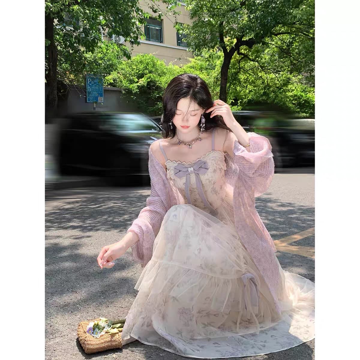빅 사이즈 여성 의류 봄 프랑스식 부드러운 바람 꽃무늬 망사 슬립 드레스 니트 오픈 가디건 슬림해 보이는 투피스 세트 이미지 5