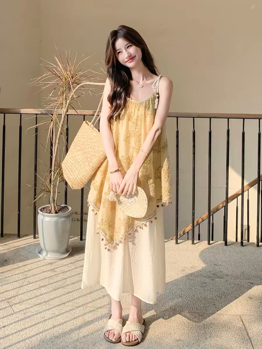 빅 사이즈 지방 mm 휴가 바람 술 자수 여성 드레스 2025 여름 새로운 아름다운 품격 프랑스식 슬립 드레스 이미지 4
