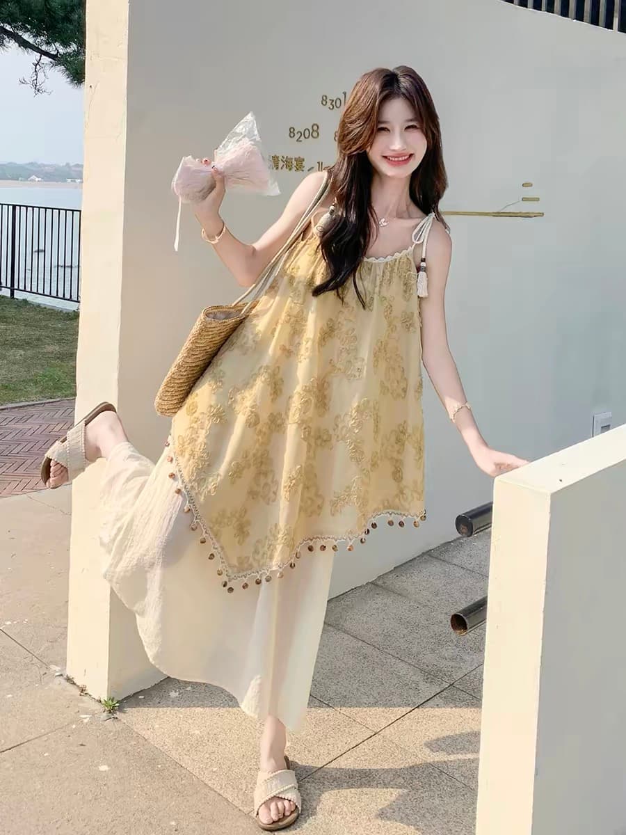 빅 사이즈 지방 mm 휴가 바람 술 자수 여성 드레스 2025 여름 새로운 아름다운 품격 프랑스식 슬립 드레스 이미지 3