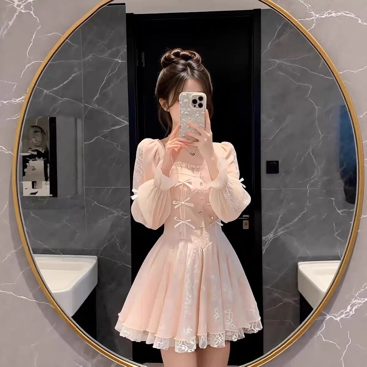 봄 새로운 프랑스식 광장 칼라 나비 매듭 망사 드레스 품격 연령 감소 슈퍼 요정 달콤함 핑크색 쇼트 스타일 치마 이미지 3
