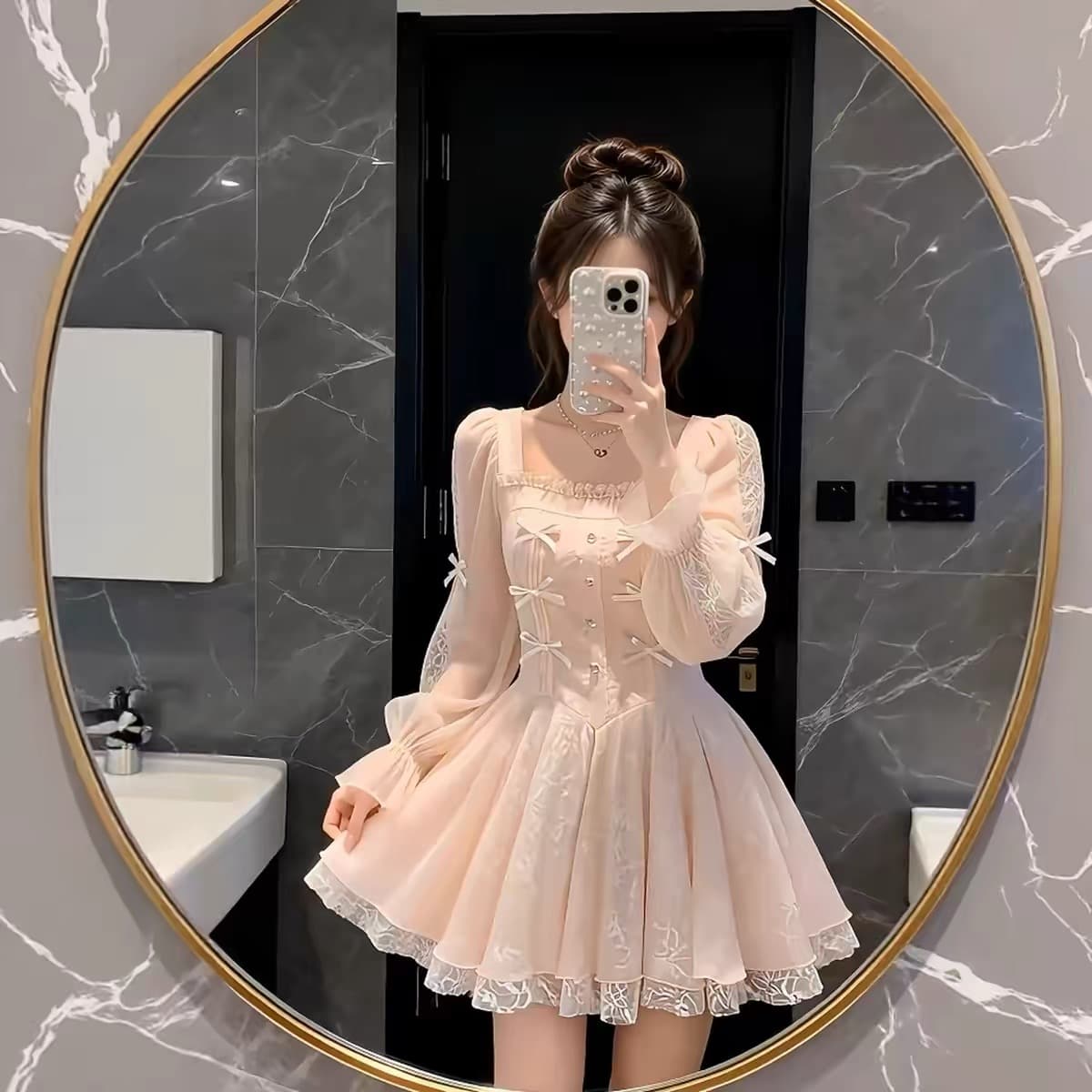 봄 새로운 프랑스식 광장 칼라 나비 매듭 망사 드레스 품격 연령 감소 슈퍼 요정 달콤함 핑크색 쇼트 스타일 치마 이미지 2
