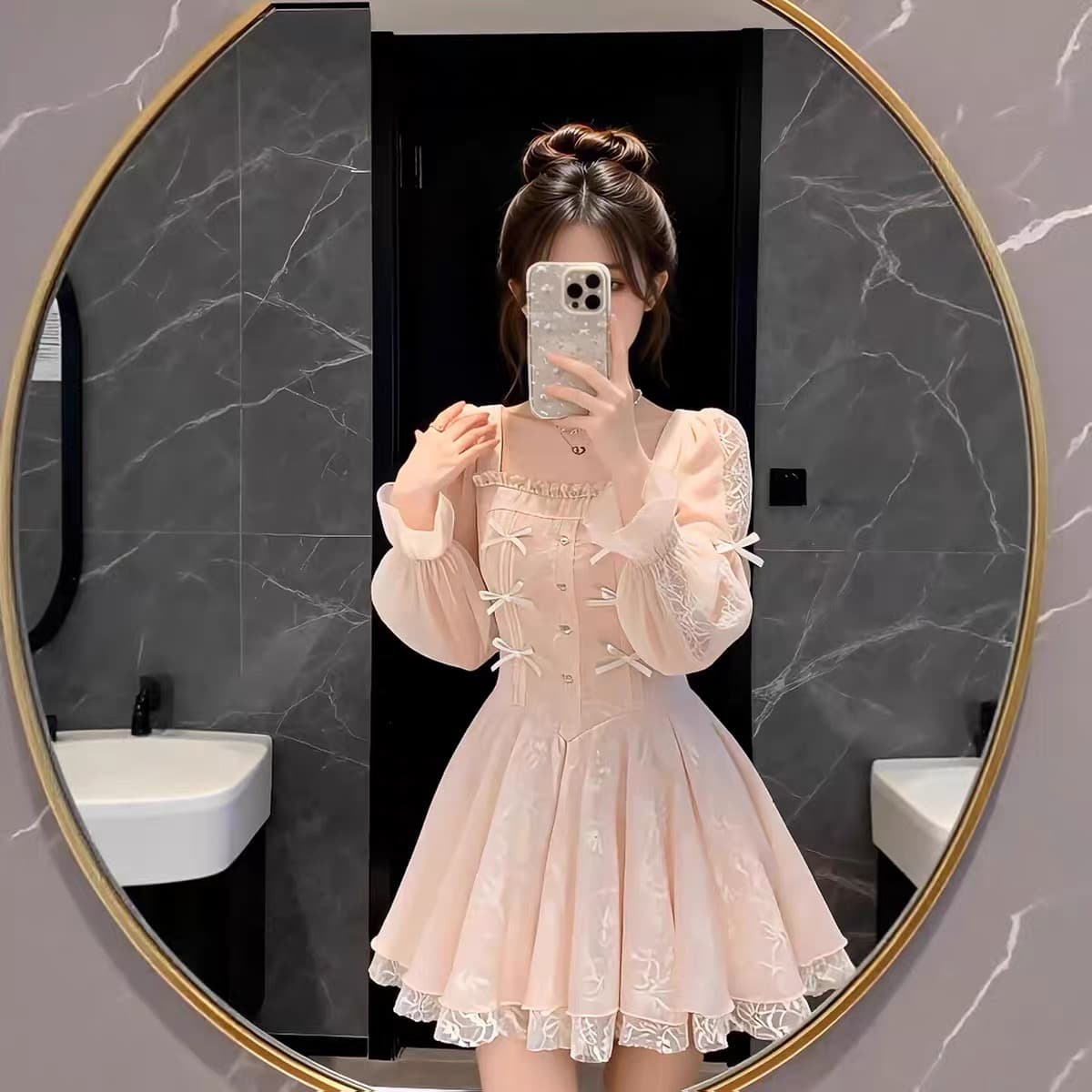 봄 새로운 프랑스식 광장 칼라 나비 매듭 망사 드레스 품격 연령 감소 슈퍼 요정 달콤함 핑크색 쇼트 스타일 치마 이미지 4