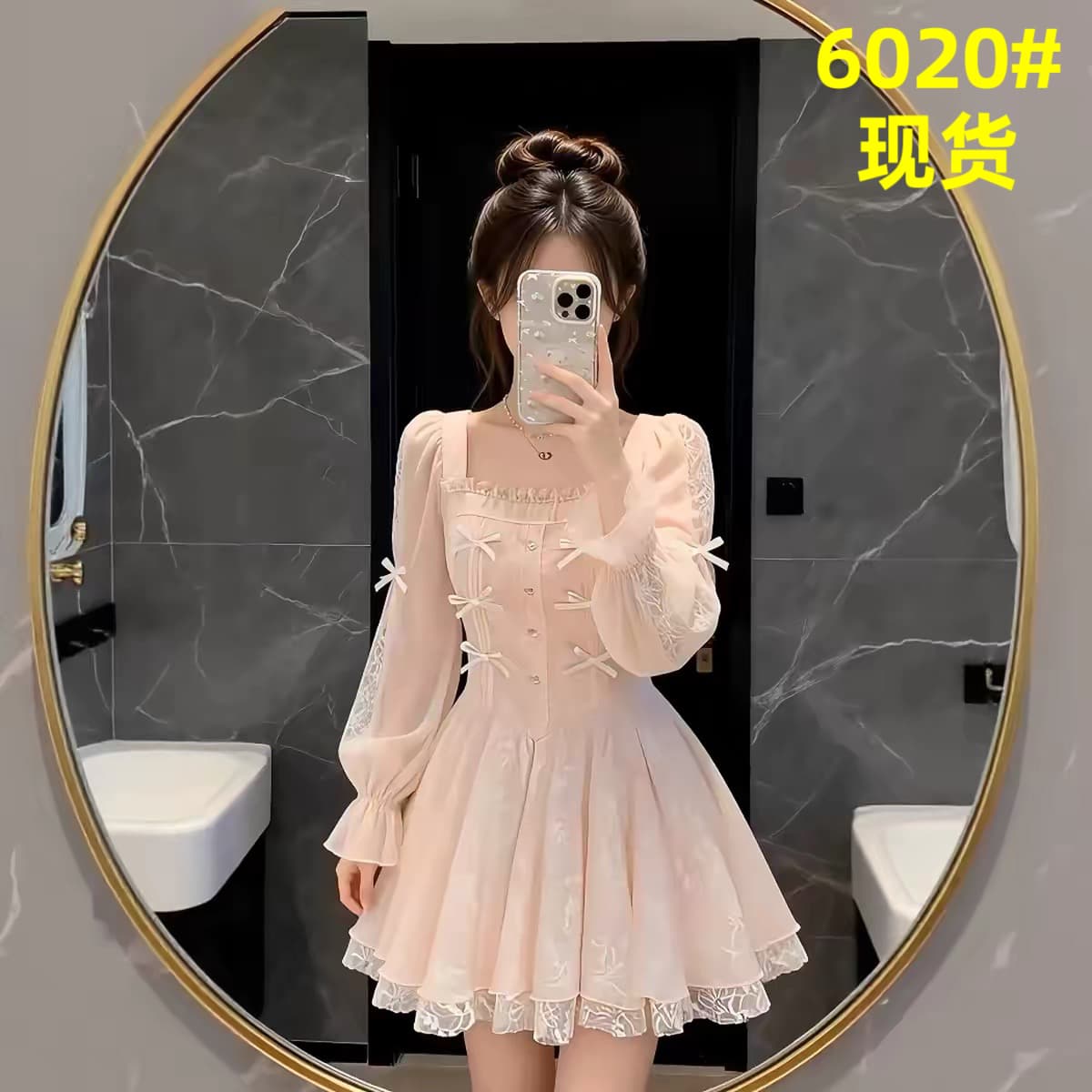 봄 새로운 프랑스식 광장 칼라 나비 매듭 망사 드레스 품격 연령 감소 슈퍼 요정 달콤함 핑크색 쇼트 스타일 치마