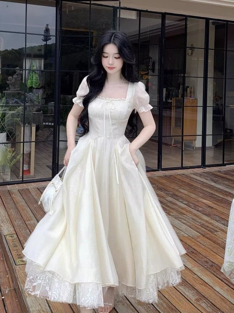 빅 사이즈 프랑스식 부드러운 바람 광장 칼라 망사 여성 드레스 여름 지방 mm 큰 진자 요정 치마 슬림해 보이는 품격 롱 스커트 이미지 4