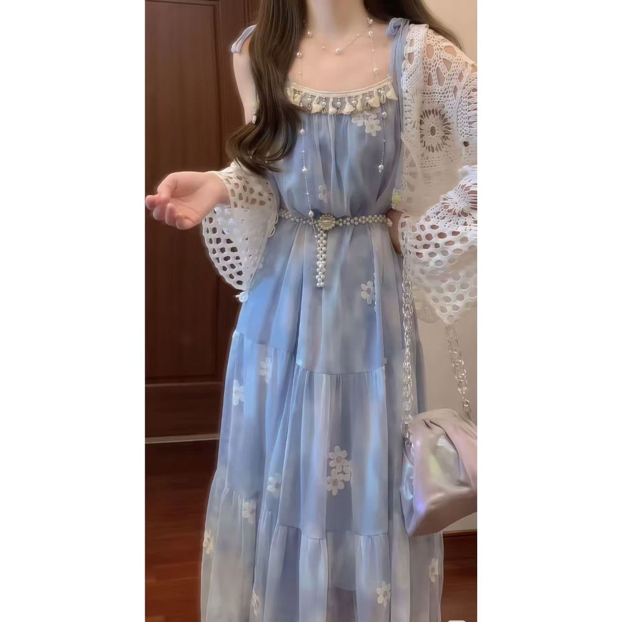빅 사이즈 지방 mm 휴가 바람 세트 여성 화이트 홀로우 아웃 오픈 가디건 꽃무늬 슬립 드레스 패션 투피스 세트 이미지 5