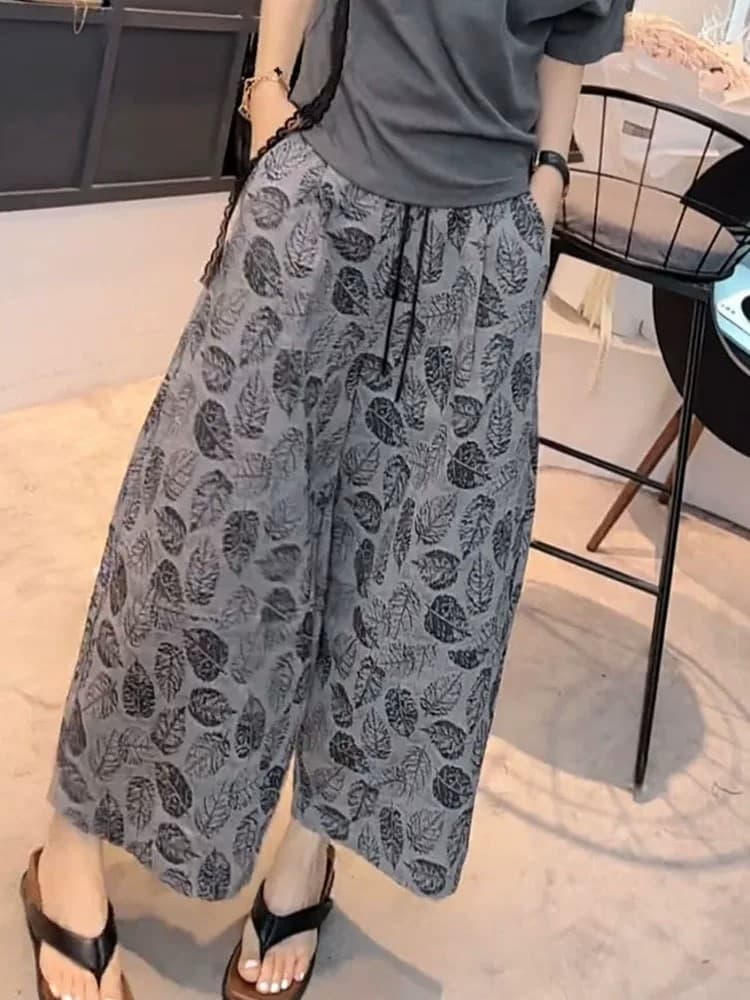 오래된 돈 바람 면 린넨 자카드 패션 캐주얼 다용도 와이드 레깅스 바지 하이웨이스트 펌프 로프 9부 바지 캐주얼 바지 품격