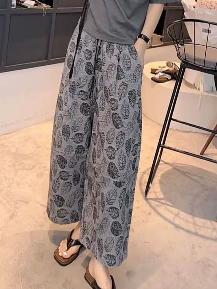 오래된 돈 바람 면 린넨 자카드 패션 캐주얼 다용도 와이드 레깅스 바지 하이웨이스트 펌프 로프 9부 바지 캐주얼 바지 품격 이미지 4