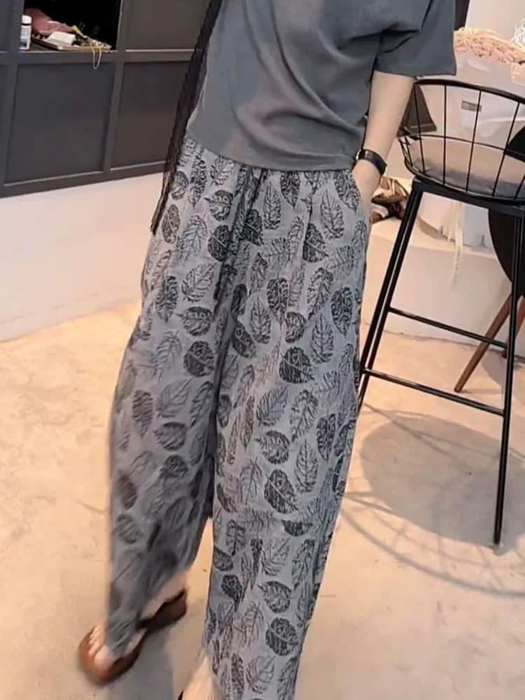 오래된 돈 바람 면 린넨 자카드 패션 캐주얼 다용도 와이드 레깅스 바지 하이웨이스트 펌프 로프 9부 바지 캐주얼 바지 품격 상세 이미지 3