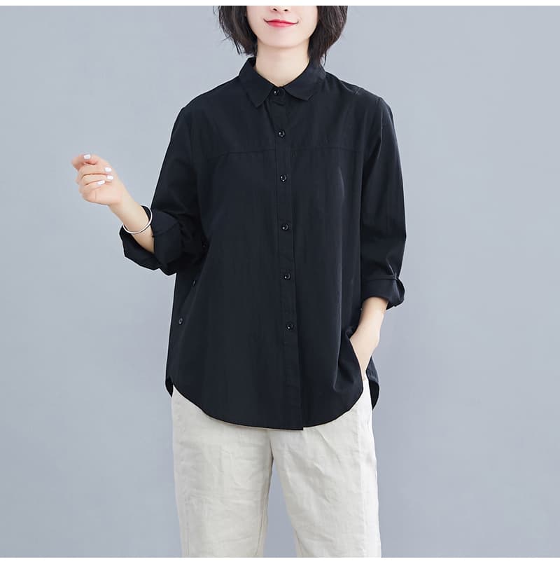 실사 가을 새로운 지불 단색 문예 레트로 루즈핏 빅 사이즈 맨위 캐주얼 다용도 긴팔 셔츠 이미지 3