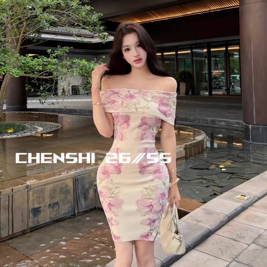 chen shi 옥 여름 얼음 장미 오프숄더 니트 꽃무늬 타이트 스커트 드레스 여름 통기성 한 마디 짧은 치마 이미지 5