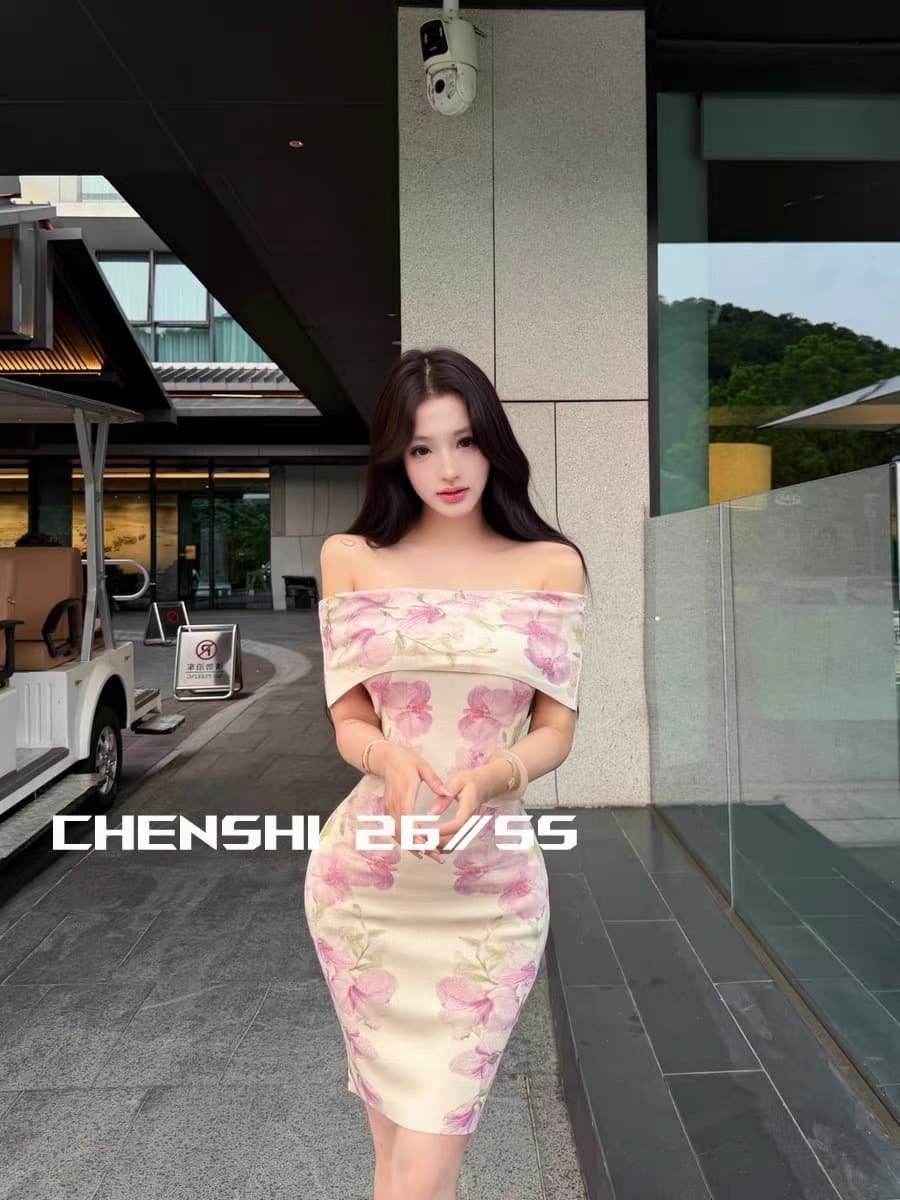 chen shi 옥 여름 얼음 장미 오프숄더 니트 꽃무늬 타이트 스커트 드레스 여름 통기성 한 마디 짧은 치마 상세 이미지 4