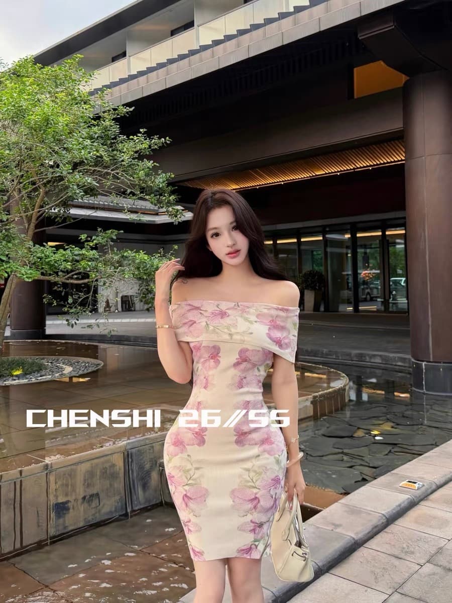 chen shi 옥 여름 얼음 장미 오프숄더 니트 꽃무늬 타이트 스커트 드레스 여름 통기성 한 마디 짧은 치마 상세 이미지 5