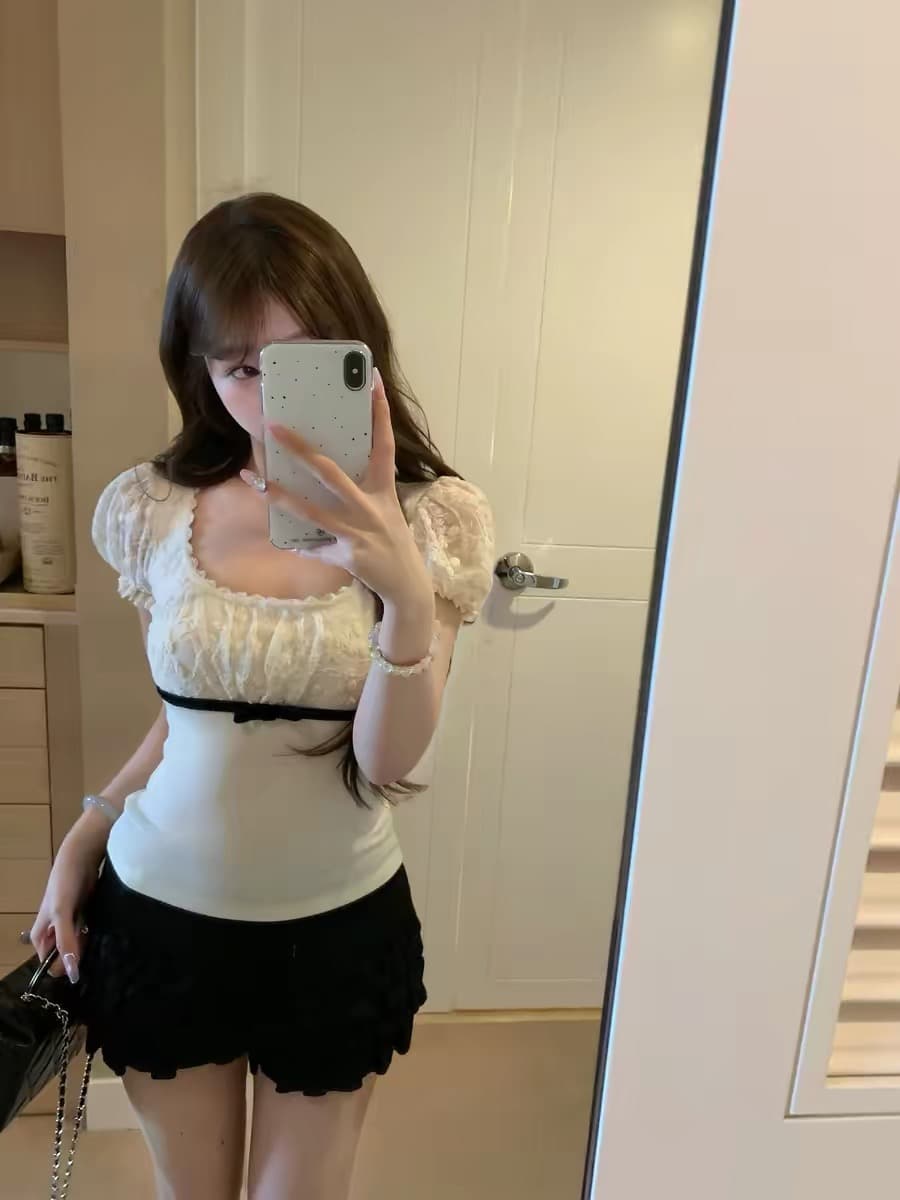 lukira 하고 싶은 대로 하게 하다 작은 miu 프랑스식 천 골드 센스 레이스 광장 칼라 버블 반팔 티셔츠 여성 여름 몸매 가꾸기 맨위 상세 이미지 3