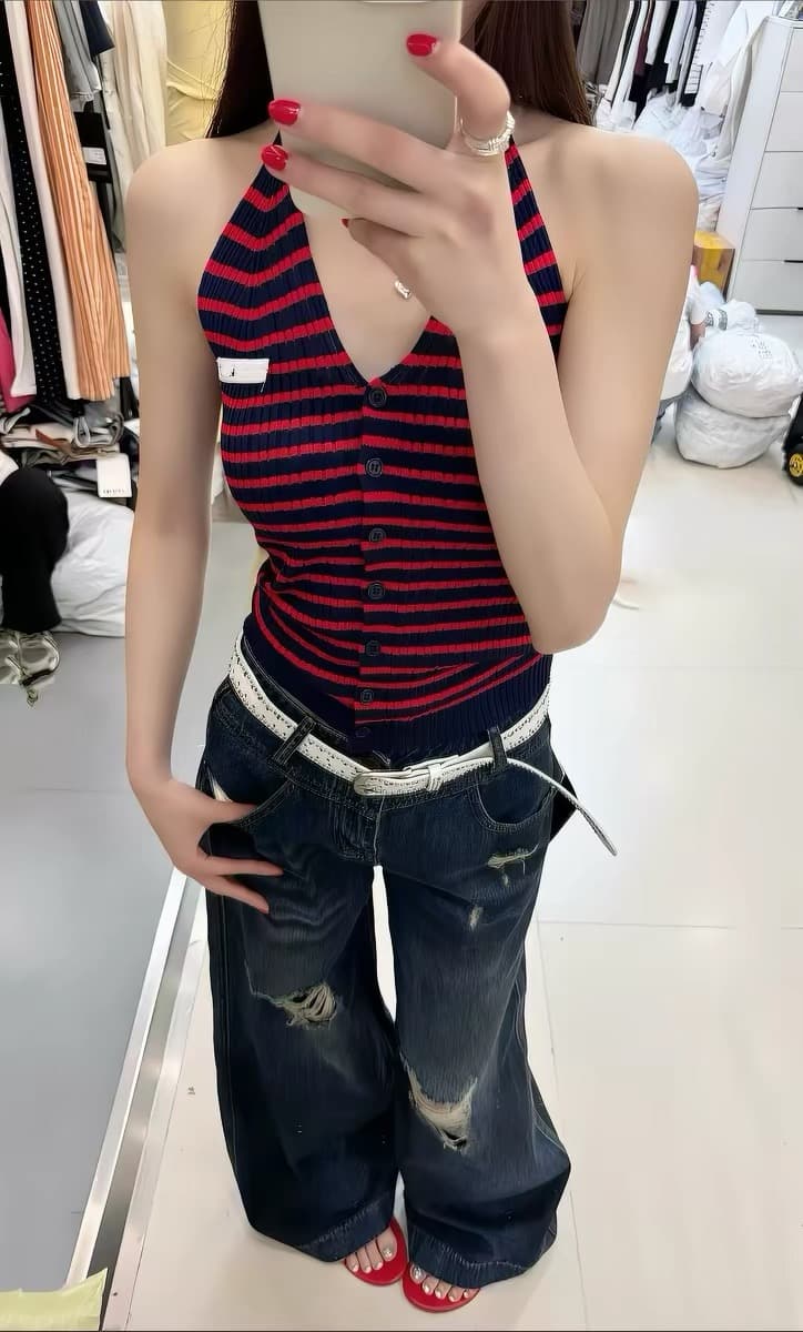 momo 행침 목 스트라이프 니트 조끼 여성 2026 여름 새로운 막대기 표준 디자인 센스 몸매 가꾸기 슬림해 보이는 슬립 맨위 상세 이미지 6