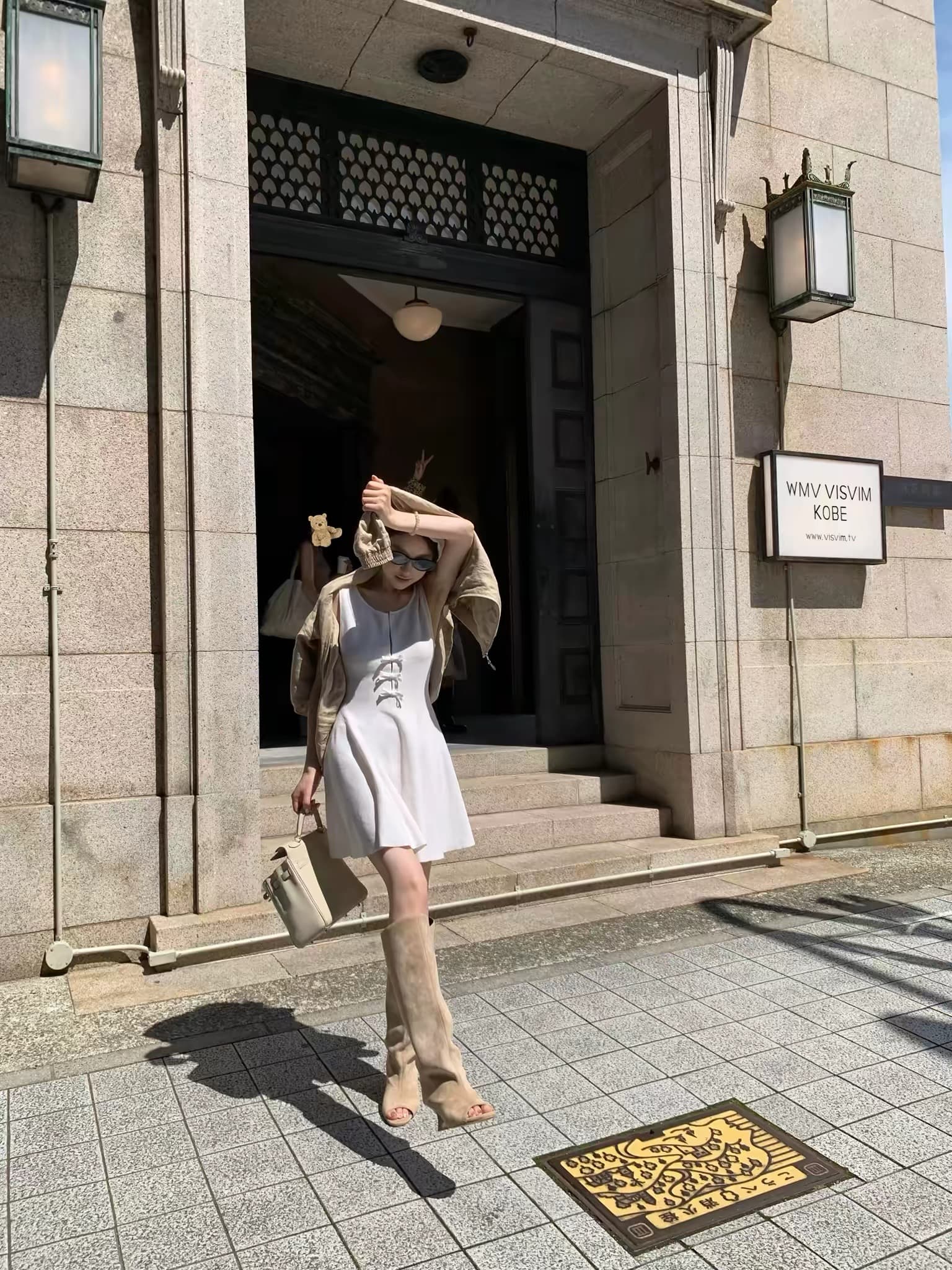 woppei 프랑스식 순수한 욕망 바람 니트 드레스 나비 매듭 단추 허리 수축 슬림해 보이는 a 단어 조끼 스커트 상세 이미지 7