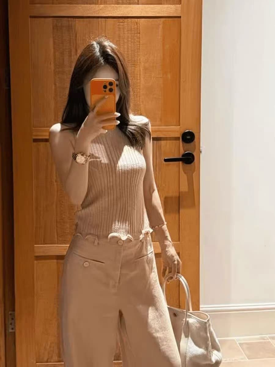 오래된 돈 바람 핑크색 레이스 구덩이 기사 니트 조끼 조끼 여자 여름 민소매 라운드 넥 허리 수축 슬림해 보이는 다용도 맨위 상세 이미지 3