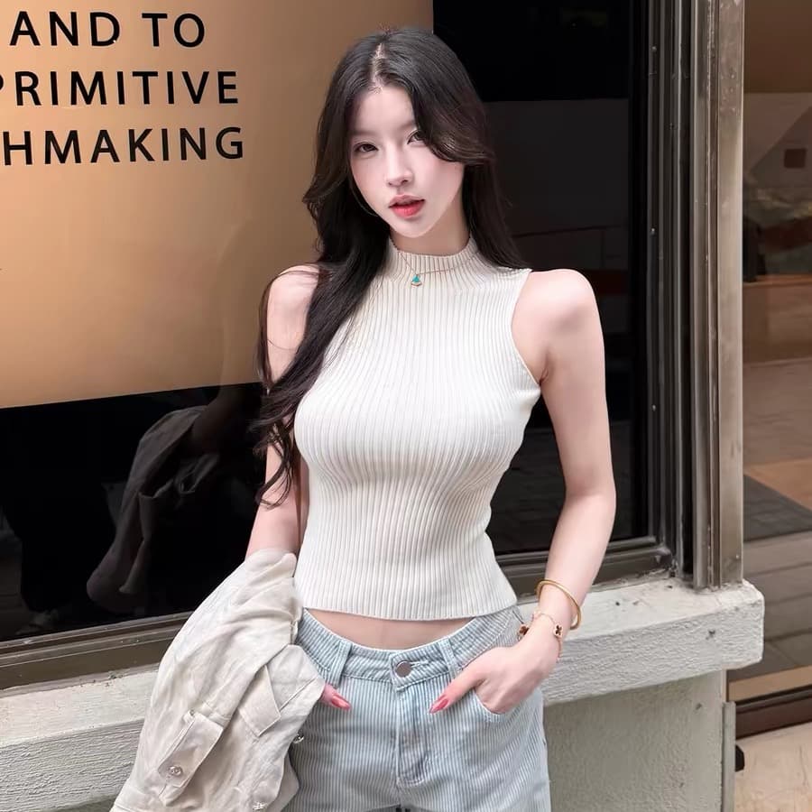 fart shop 바다 거리 일기 민소매 구덩이 기사 반하이넥 신축성 조끼 여성 허리 수축 쇼트 스타일 맨위 이미지 5