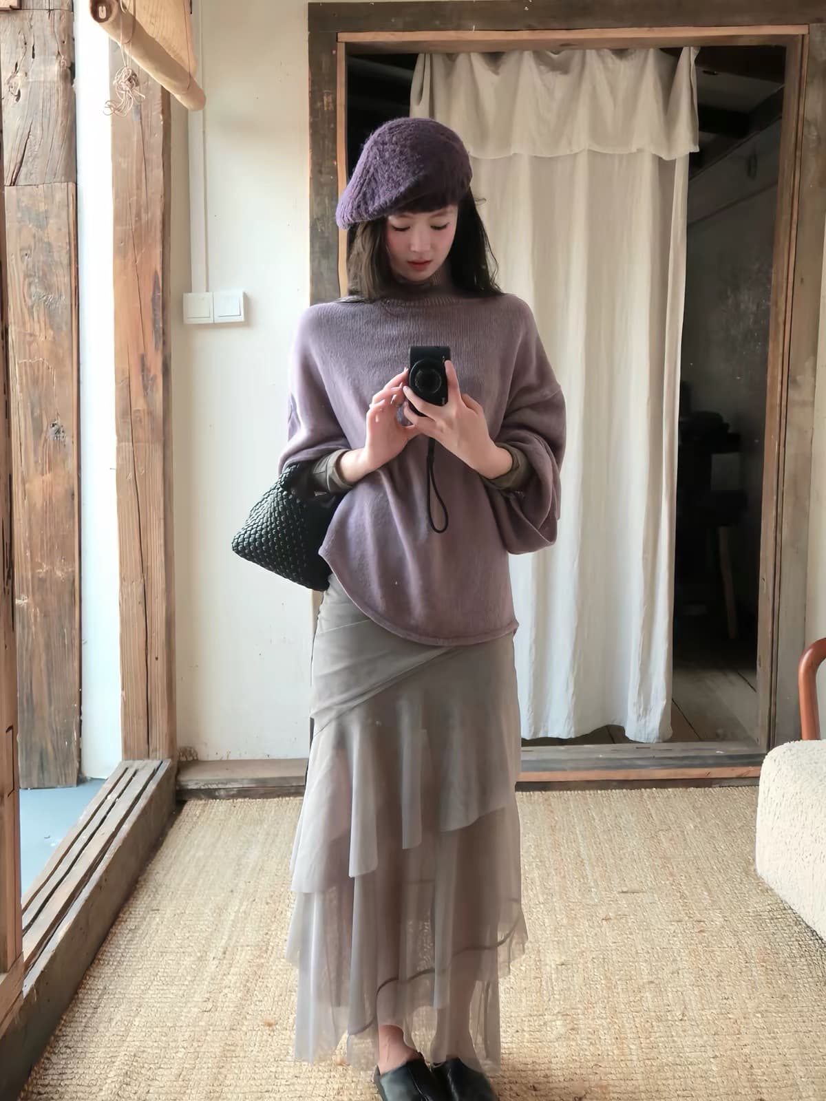 한 번 물고기 에도 보라색 안개 보라색 수 있습니다. 조정 말뚝 더미 칼라 스웨터 여자 느슨함 루즈핏 느긋한 바람 니트 맨위 상세 이미지 2