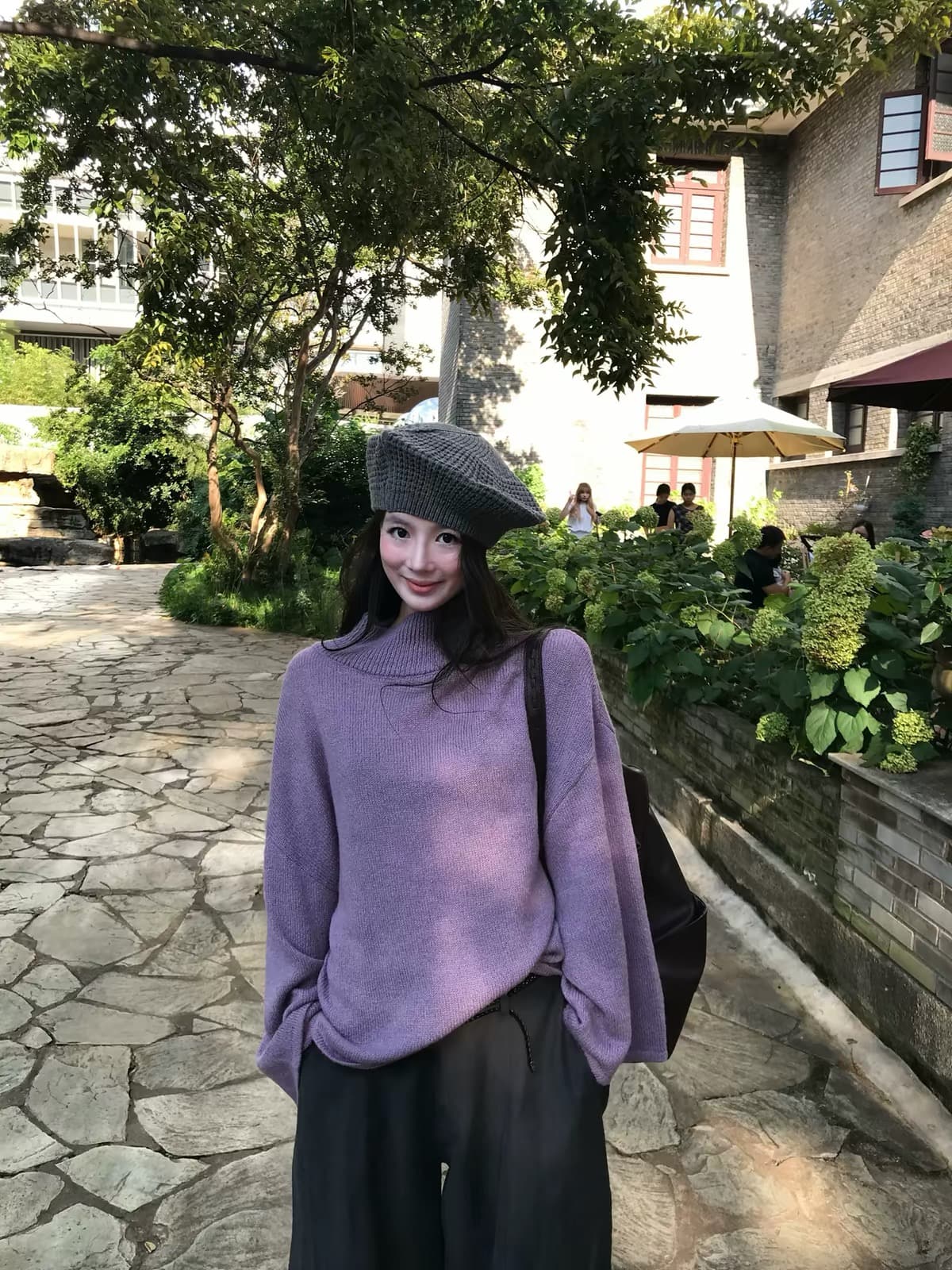 한 번 물고기 에도 보라색 안개 보라색 수 있습니다. 조정 말뚝 더미 칼라 스웨터 여자 느슨함 루즈핏 느긋한 바람 니트 맨위 상세 이미지 3