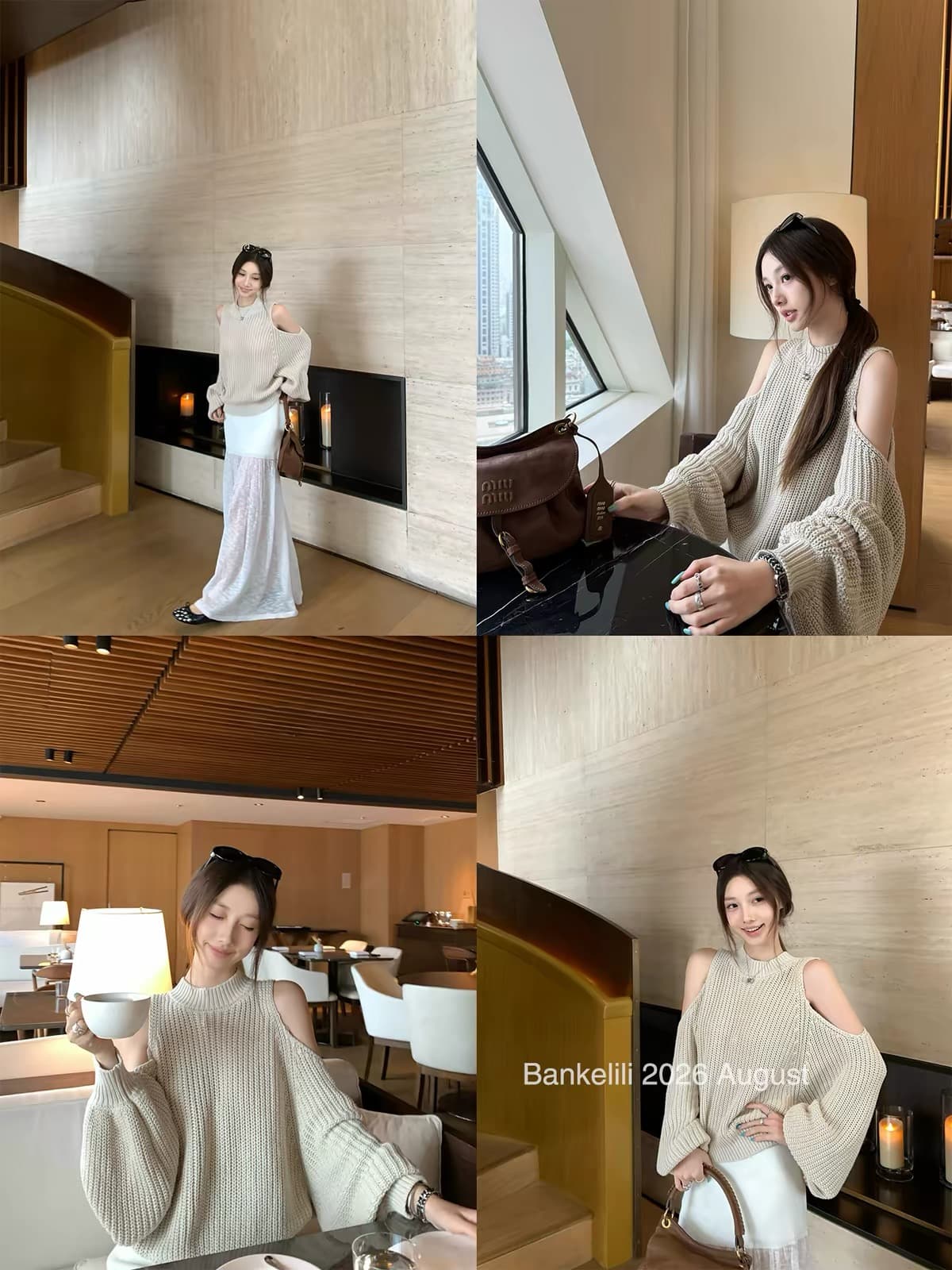 밤나무 코코아 bankelili 아름다움 어깨 재능 작은 대중 행침 목 얇은 오프숄더 긴팔 니트 스웨터 레트로 느긋한 이미지 3