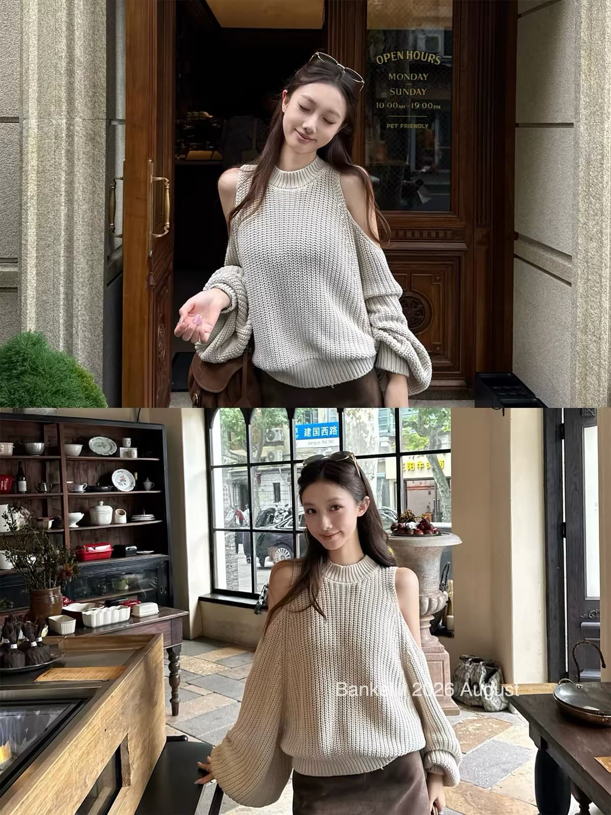 밤나무 코코아 bankelili 아름다움 어깨 재능 작은 대중 행침 목 얇은 오프숄더 긴팔 니트 스웨터 레트로 느긋한 상세 이미지 5