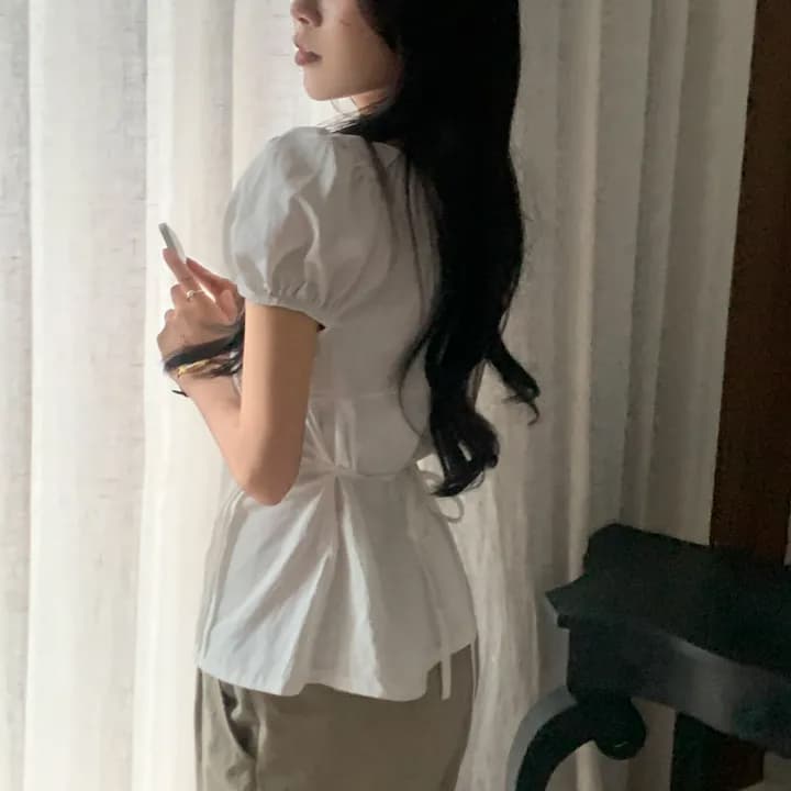 chic 한국 스타일 패션 레이스업 다용도 셔츠 라운드 넥 펌프 로프 허리 수축 품격 셔츠 상세 이미지 2