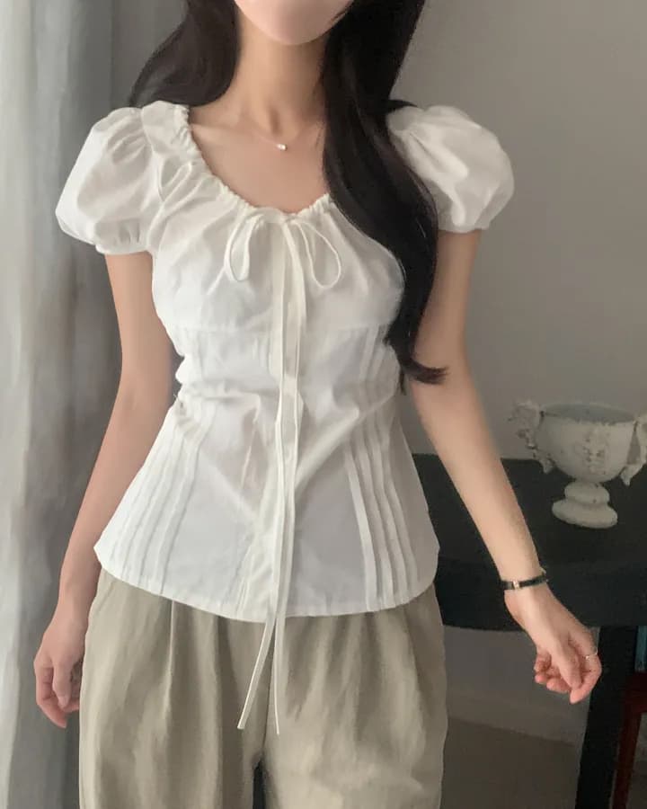 chic 한국 스타일 패션 레이스업 다용도 셔츠 라운드 넥 펌프 로프 허리 수축 품격 셔츠 상세 이미지 13