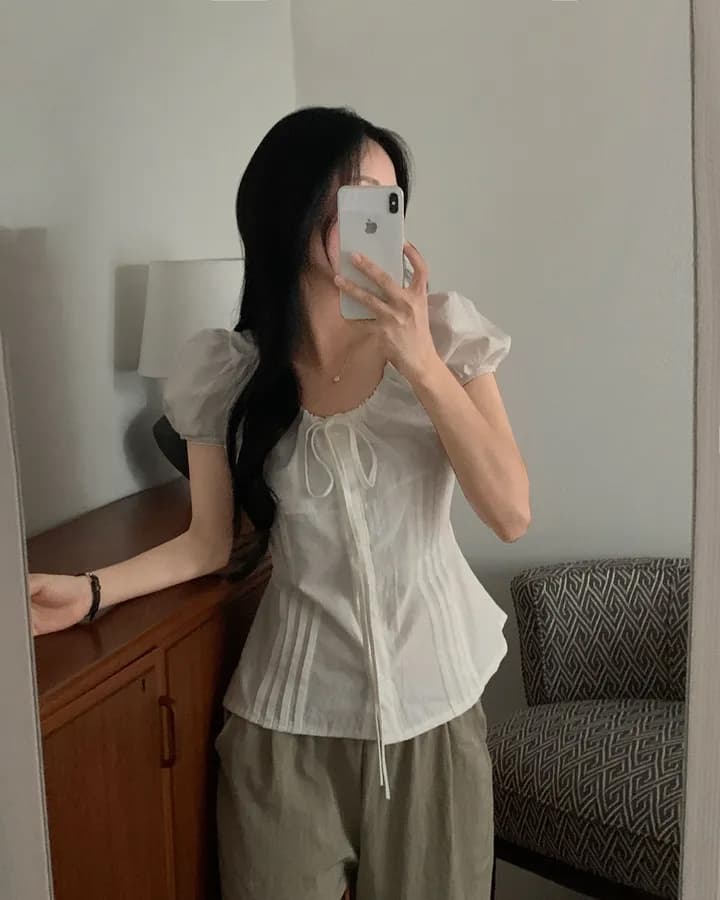 chic 한국 스타일 패션 레이스업 다용도 셔츠 라운드 넥 펌프 로프 허리 수축 품격 셔츠 상세 이미지 14