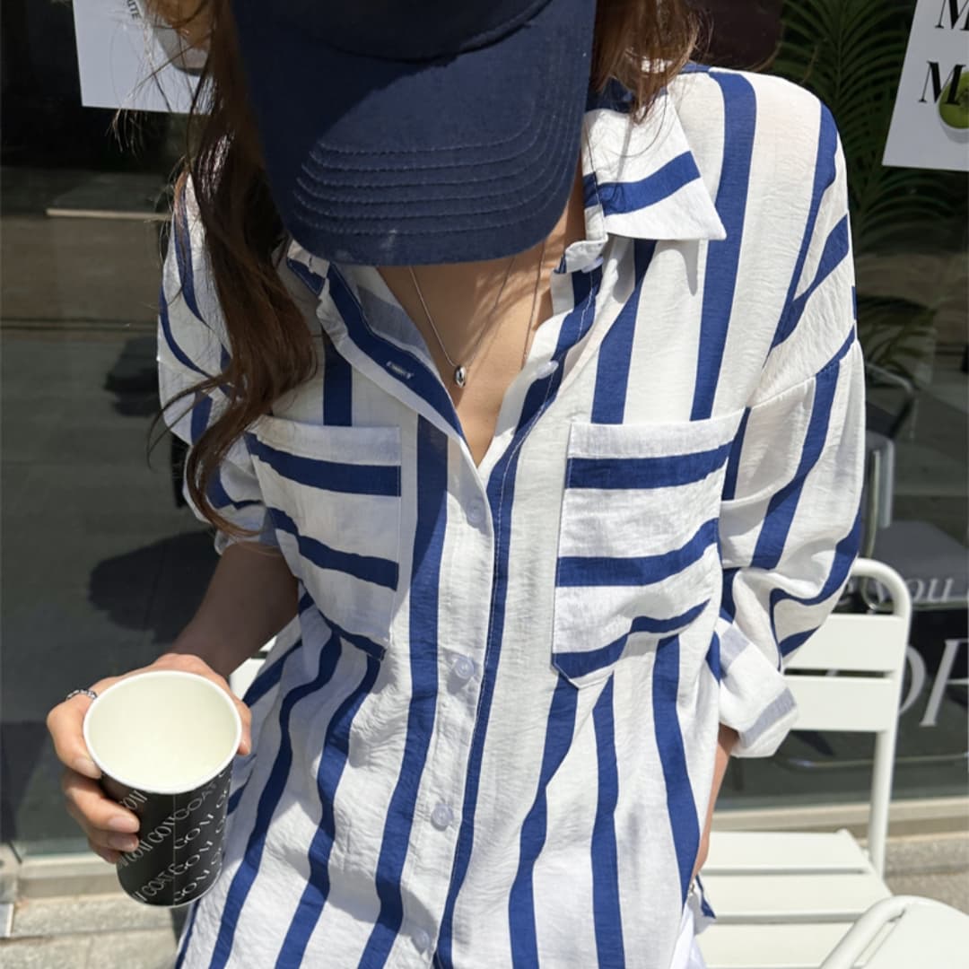 한국 스타일 봄 더블 주머니 스트라이프 셔츠 디자인 센스 캐주얼 루즈핏 하라주쿠 스타일 자외선 차단 의류 여성 셔츠 재킷 트렌디 상세 이미지 8