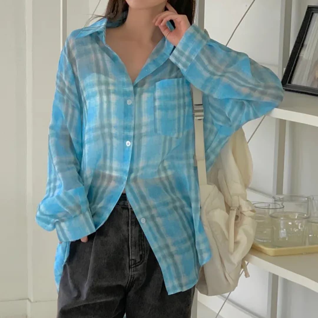 한국 스타일 여름 원근법 설치 격자 무늬 셔츠 하라주쿠 스타일 캐주얼 작은 대중 다용도 긴팔 자외선 차단 의류 여성 셔츠 셔츠