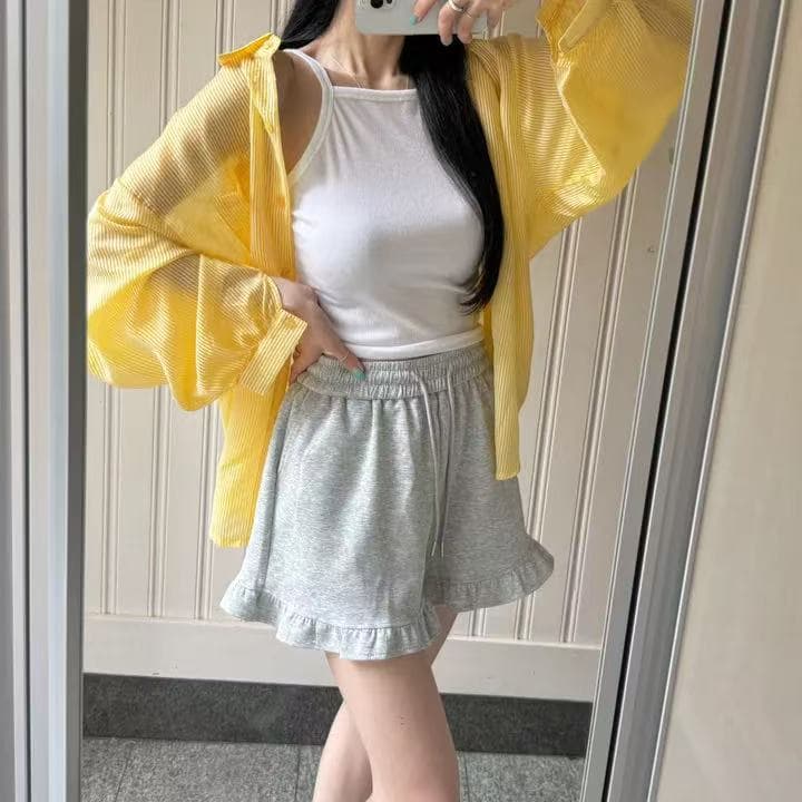 한국 스타일 여름 루즈핏 스트라이프 하라주쿠 스타일 디자인 센스 캐주얼 다용도 긴팔 자외선 차단 의류 여성 셔츠 재킷 셔츠 이미지 3