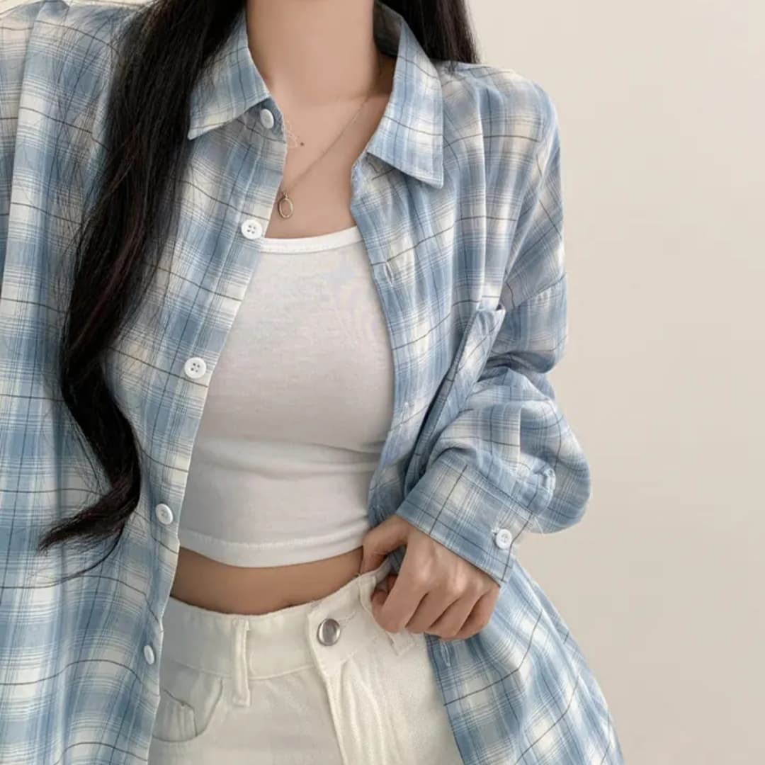 한국 스타일 여름 클래식 체크무늬 디자인 센스 레트로 캐주얼 다용도 긴팔 루즈핏 맨위 여성 코트 자외선 차단 의류 상세 이미지 1