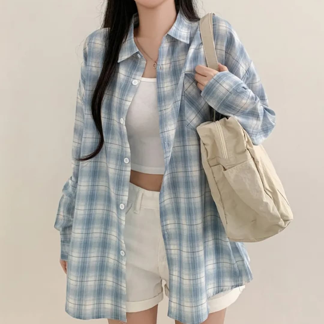 한국 스타일 여름 클래식 체크무늬 디자인 센스 레트로 캐주얼 다용도 긴팔 루즈핏 맨위 여성 코트 자외선 차단 의류 상세 이미지 2