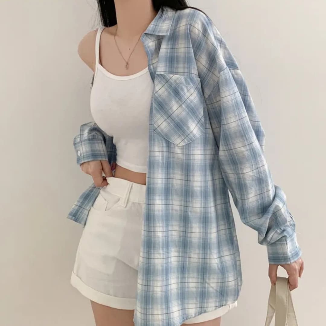 한국 스타일 여름 클래식 체크무늬 디자인 센스 레트로 캐주얼 다용도 긴팔 루즈핏 맨위 여성 코트 자외선 차단 의류 상세 이미지 3