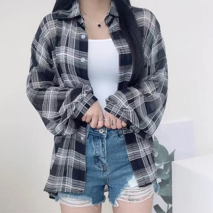 한국 스타일 여름 얇은 스타일 원근법 설치 격자 무늬 셔츠 캐주얼 루즈핏 다용도 자외선 차단 의류 여성 셔츠 재킷 셔츠 트렌디 이미지 3